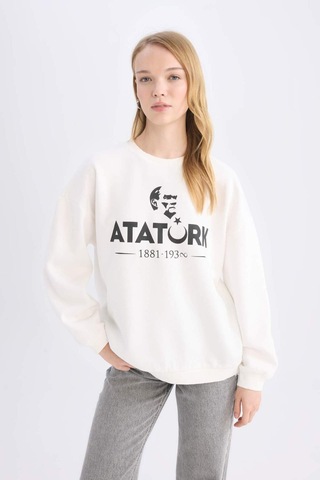 DeFacto Oversize Geniş Kalıp Bisiklet Yaka Atatürk Baskılı Sweatshirt E5447AX24WNWT32