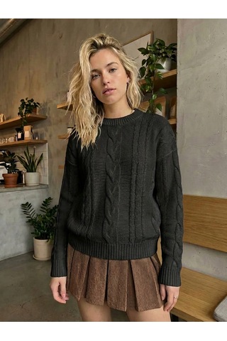 Sayzen Your Shine Saç Örgülü Basic Regular Triko Kazak Sy-2605 Siyah