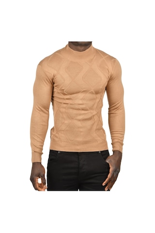 Deepsea Erkek Camel Deepsea Baklava Desenli Slim Fit Yarım Balıkçı Yaka Triko Boğazlı Kazak 2505511 Camel