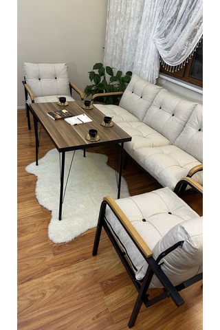 Modern Style Home Modern Kadıköy Balkon, Bahçe, Cafe - Metal Kanepe Koltuk Takımı - 3+1+1+masa Krem Modernk028 Krem