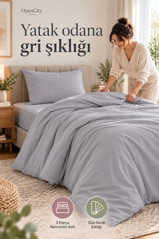 Gri Tek Kişilik Nevresim Takımı 3 Parça Düz Renk 160x220 Nevresim Çarşaf Yastık Kılıfı Sade Tasarım