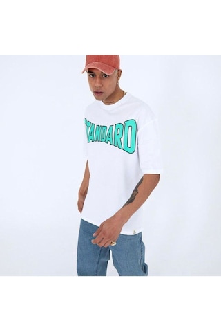 Flood Of Style Erkek Beyaz Standard Baskılı Oversize Bisiklet Yaka Tshirt
