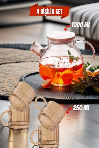 4 Kişilik Set Takım 1 Adet Cam Demlik 1000 Ml - 4 Fincan 250 Ml - Model 4 Diğer