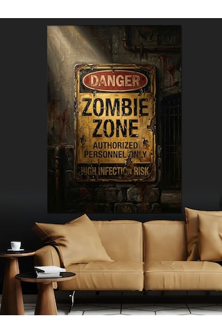 Retro Zombie Zone Uyarı Levhası Dekoratif Kanvas - Mdf Ahşap Tablo