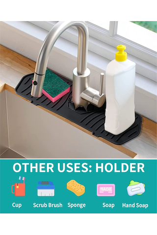 Yaleker Siyah Silikon Lavabo Su Dışarı Akma Engel Matı - Lavabo Ve Mutfak Tezgahını Kuru Tutar, Su Toplayıcı Ve Akıtıcı Özellikli Siyah