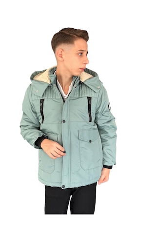 Erkek Çocuk Fermuar Torba Cepli Fermuar Çıtçıt Kapamalı Peluş Astarlı Kapüşonu Çıkabilen Yeşil Mont Yeşil