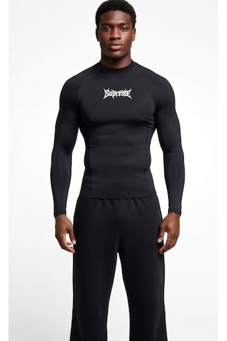 Premium Supreme Gotik Yazılı Siyah Uzun Kol Compression Erkek T-shirt Spor Gym Fitness Boks Kickboks Siyah