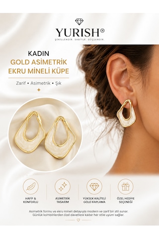 Kadın Gold Asimetrik Ekru Mineli Küpe