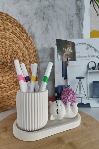 Purida Design Dekoratif Sevimli Kedi Kalemlik Ve Notluk Seti Mor