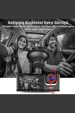 Siyah 1080p Araç İçi 3 Kameralı Lcd Ekranlı Gece Görüşlü , G-sensör , Geri Görüş Kamera