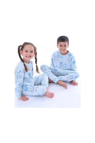 Bunny Hopp 3-8 Yaş Pamuk Kız Ve Erkek Çocuk Için Unisex Uzun Kollu Pijama Takımı Mavi