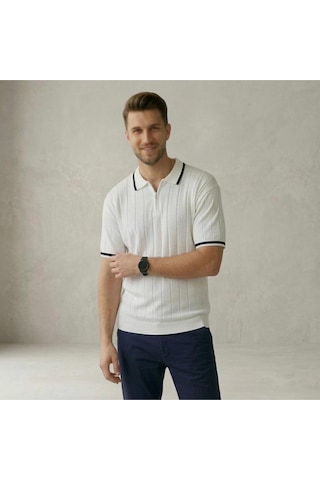 Fermuarlı Polo Yaka Kısa Kollu Triko T-shirt Beyaz