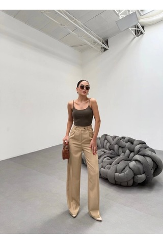 Defymoda Trio Arka Bel Lasti K Detayli Palazzo Pantolon Vizon