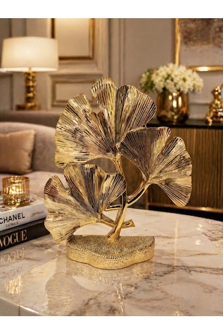 Duygu Ve Yaşam Tarzı Odaklı Gold Ginkgo Yaprağı Lüks Dekoratif Metal Biblo Heykel Obje 29 Cm X 23 Cm Çok Renkli