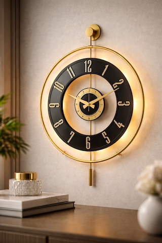 Pey Aksesuar Metal Camlı Duvar Saati 50 X 70 Cm Orta Boy Işıklı Gerçek Cam Duvar Saati Modern Tasarım M51-gold-şeffaf-siyah-gold
