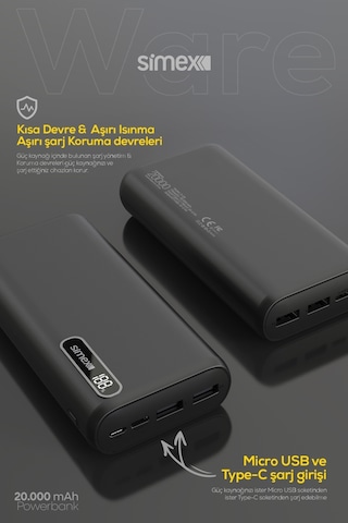 Simex Ware 20.000 mAh Dijital Ekranlı Powerbank - Dual Şarj, Type-C & Micro USB, Hızlı Şarj Destekli
