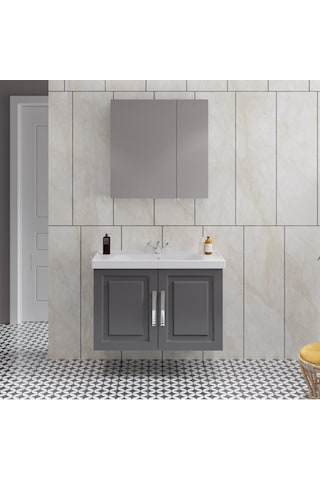 Denko Royal 90 Cm Mdf Albatros Gri Banyo Dolabı Takımı Gri