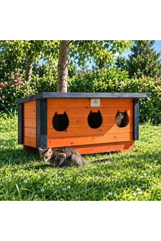 3 Yuvalı Ahşap Dış Mekan Kedi Evi
