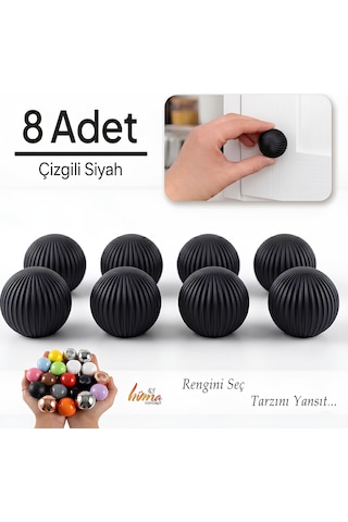 8 Adet Sert Plastik Düğme Yuvarlak Top Çizgili Siyah Dolap Mobilya Mutfak Dolabı Çekmece Kulbu Kulpu Kulplar