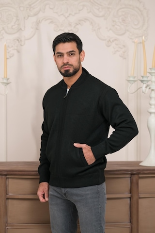 Woolen World Pilot Yaka Fermuar Kapamalı Klasik Kesim Astarlı Çelik Örgü Hırka Siyah