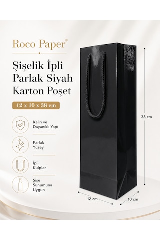 Şişelik İpli Siyah Karton Poşet, 1 Adet - 12x10x38 Cm, Kalın Yapı