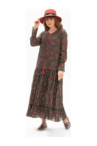 Uzun Kol Vual Gonca Uzun Elbise Tomurcuk Desen Yeşil 6170-yeşil