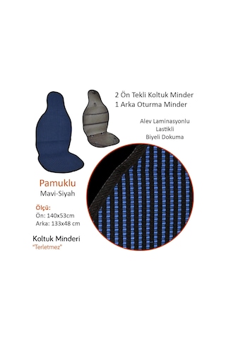 Nyf 07 Terletmez Minder Pamuklu Mavi-siyah 3 Lü Set 2 Ön Pilot + 1 Arka Oturma