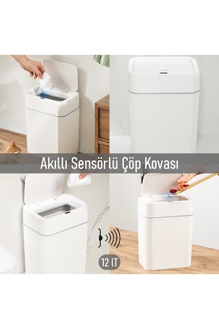 Porsima 4147 Hareket Sensörlü Sessiz Kapatma Çöp Kutusu Banyo Mutfak Çöp Kovası Kapaklı Banyo Çöp Kovası Beyaz