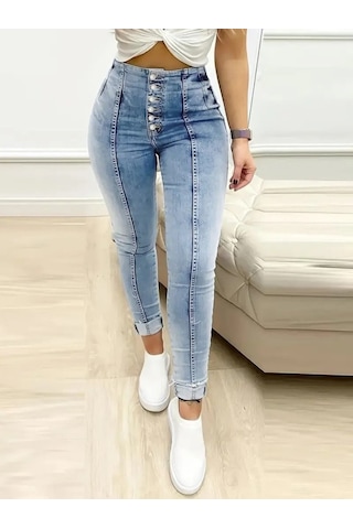 Sidelya Concept Kadın Yüksek Bel Önden Düğmeli Jean Pantolon Mavi