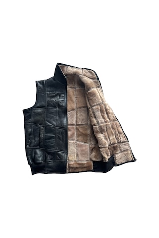 Içi Kürk Hakiki Deri Yakalı Biye Triko Detaylı Siyah-Vizon Yelek