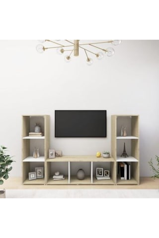 Deren Kitaplıklı Televizyon Sehpası Ünitesi Meşe Beyaz 150 Cm 9 Raflı Meşe - Beyaz