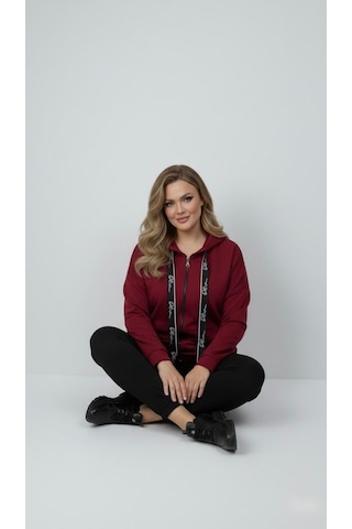 Koza Butik Kadın Büyük Beden Uzun Kollu Kapüşonlu Fermuar Detaylı Sweatshirt 2007 Bordo