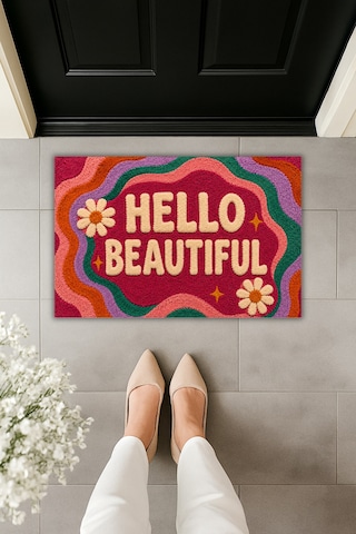 Rugmood Hello Beautıful Renkli Retro Tasarım Dekoratif Kapı Önü Paspası 70x45 Cm Çok Renkli