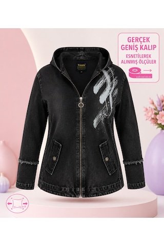 Büyük Beden Kapüşonlu Fermuarlı Baskılı Yan Cepli Denim Kadın Ceket Siyah