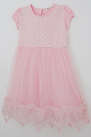 Breeze Kız Çocuk Elbise Vintage Dantel Detaylı Tüllü Çiçek Desenli Elbise 4-9 Yaş, Pembe