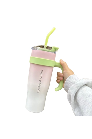 Büyük Kapasiteli Paslanmaz Çelik Termos Bardak, Saman Pembesi 01