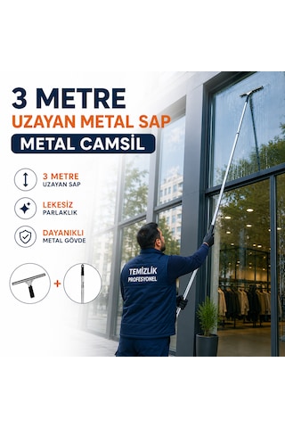 3m Uzayan Saplı Metal Camsil Seti 35 Cm Profesyonel Cam Temizleme Aparatı Açık Gri