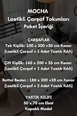 Mocha Love & Kalp Desenli Pamuklu Kumaş Lastikli Çarşaf Takımı Beyaz - Kırmızı