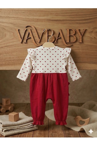 Kız Bebek Kalp Desenli Fırfırlı Body Ve Kırmızı Fiyonklu Salopet Tulum Ve Bandana Seti Çok Renkli
