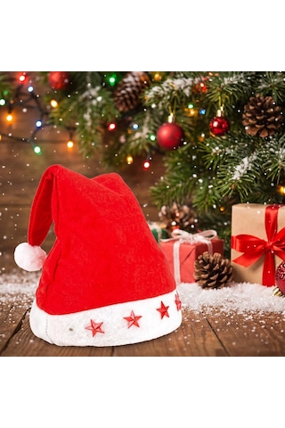 Led Işıklı Noel Baba Şapkası Kırmızı Beyaz Peluş, Yıldız Işıklı Yılbaşı Parti Aksesuarı - 9005143003056
