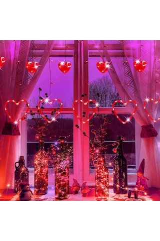 Vitrin Mekan Dekor Işığı Kırmızı Salkım Led Işık Kalpli Salkım Led Işık Kırmızı Led Işıklı Perde Işık Kırmızı