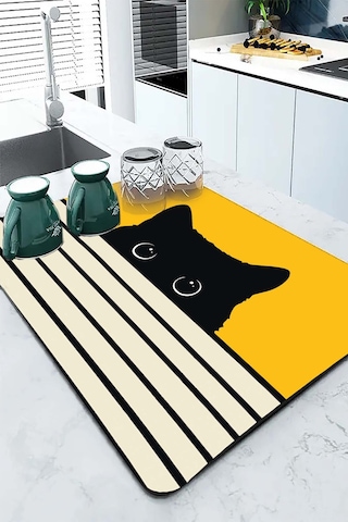 Sarı Kedi Temalı Microfiber Bulaşık Kurutma Matı Mm015