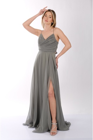 Dori İnce Askılı Önden Yırtmaçlı Drape Kiloş Abiye Elbise 00kb6128 Çağla