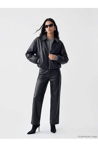 Lcw Vision Siyah Kadın Oversize Bomber Deri Görünümlü Ceket