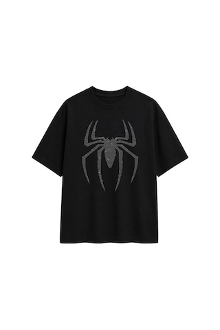 Zaee Spider Taşlı Oversize Tişört Siyah / Taşlı