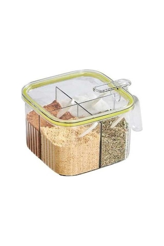 Createtech Yeşil Kutu 4 Bölme Baharat Çeşniler Seti, Pratik Saklama Ve Kaşık Kabı Yeşil