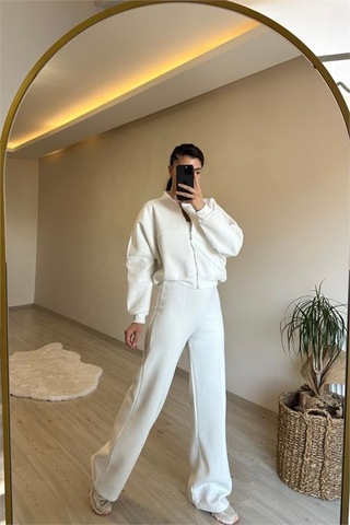 Neşeli Butik Kadın Fermuarlı Oversize Sweat Ve Yüksek Bel Eşofman Takımı Nm018 Ekru