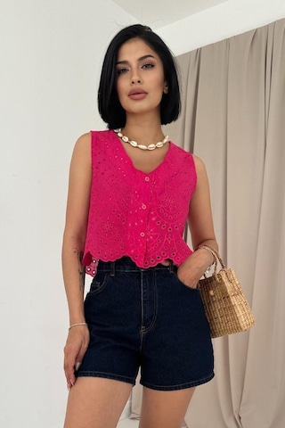 Reka Moda Fuşya Sıfır Kol Brode Bluz FUŞYA