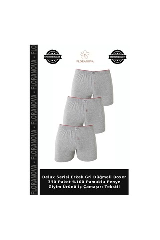 Floranova Delux Serisi Erkek Gri Düğmeli Boxer 3'lü Paket %100 Pamuklu Penye Giyim Ürünü İç Çamaşırı Tekstil