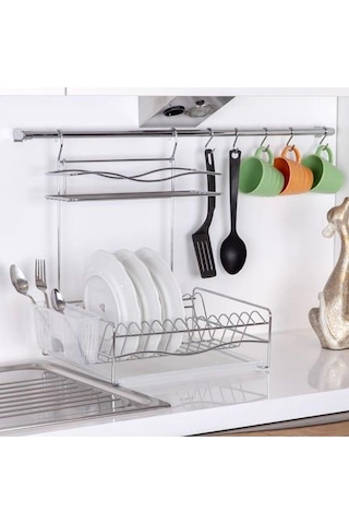 Geseus Home Borulu Askılı Bardaklık Tabaklık Bulaşıklık Krom KB0 Şeffaf